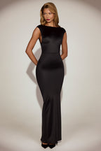 Chic Satin Boat-Neck Twist-Back Maxi Dress in Black