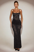 Chic Sheer Lace Square-Neck Ruched Gown in Black