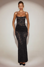 Chic Sheer Lace Square-Neck Ruched Gown in Black