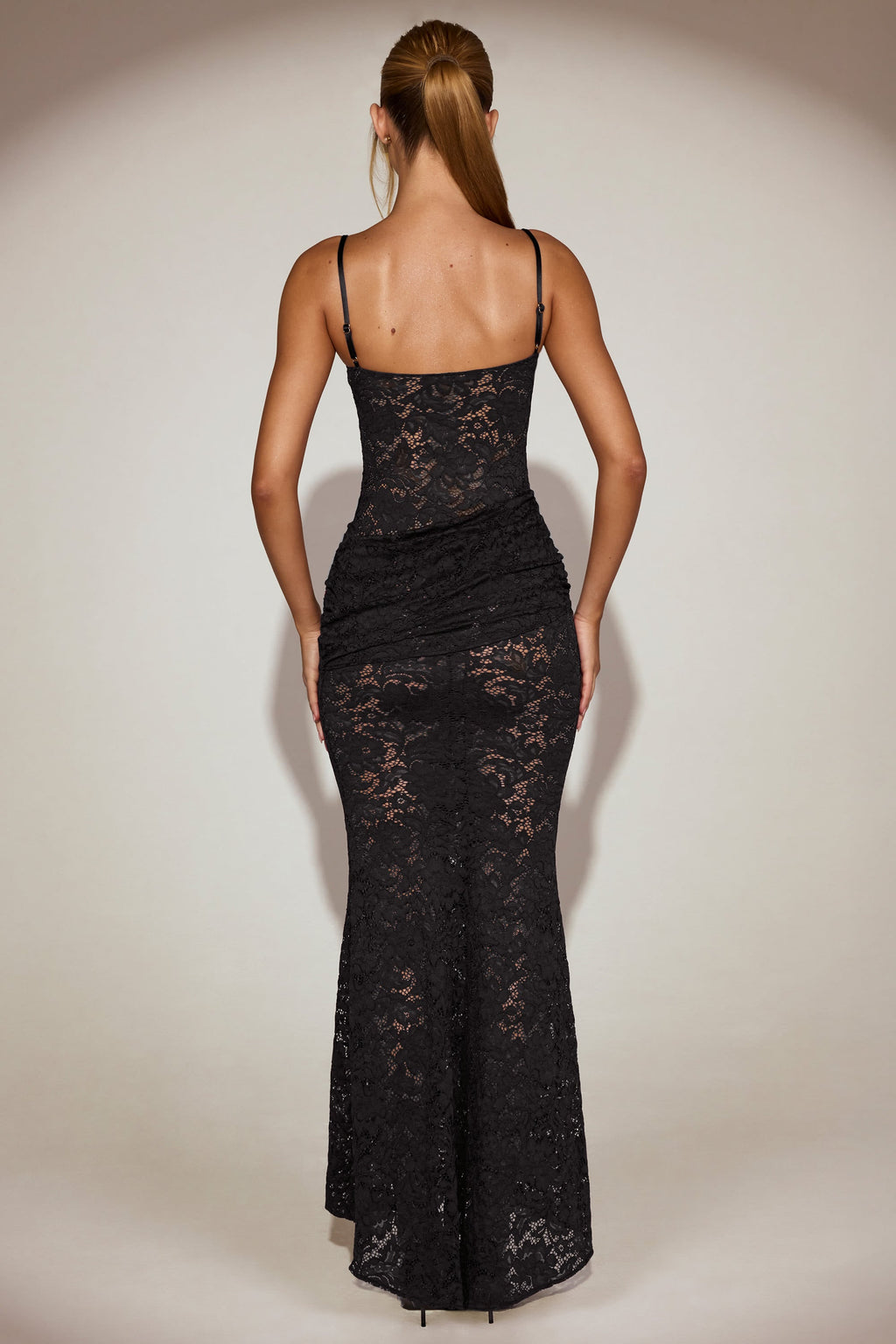 Chic Sheer Lace Square-Neck Ruched Gown in Black