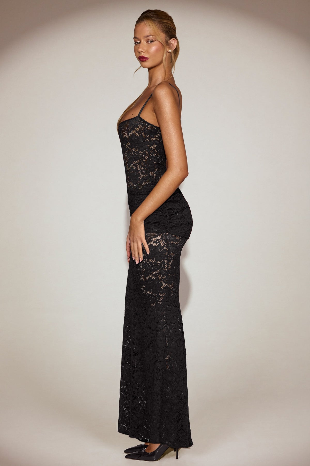 Chic Sheer Lace Square-Neck Ruched Gown in Black