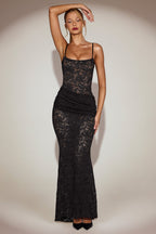Chic Sheer Lace Square-Neck Ruched Gown in Black
