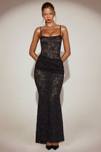 Chic Sheer Lace Square-Neck Ruched Gown in Black