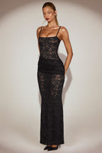Chic Sheer Lace Square-Neck Ruched Gown in Black