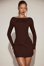 Chic Soft-Jersey Boat-Neck Draped Mini Dress in Chocolate Brown