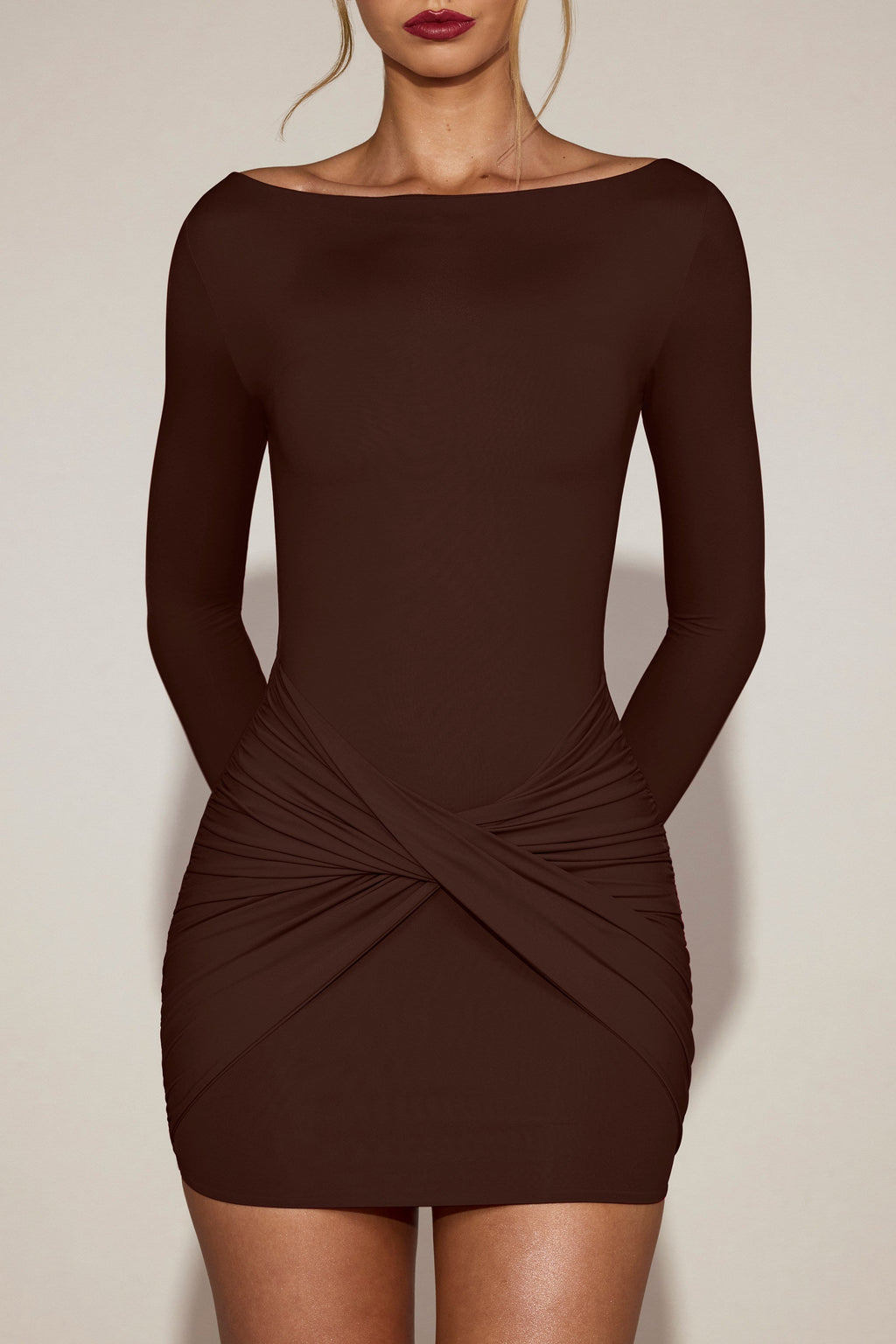 Chic Soft-Jersey Boat-Neck Draped Mini Dress in Chocolate Brown
