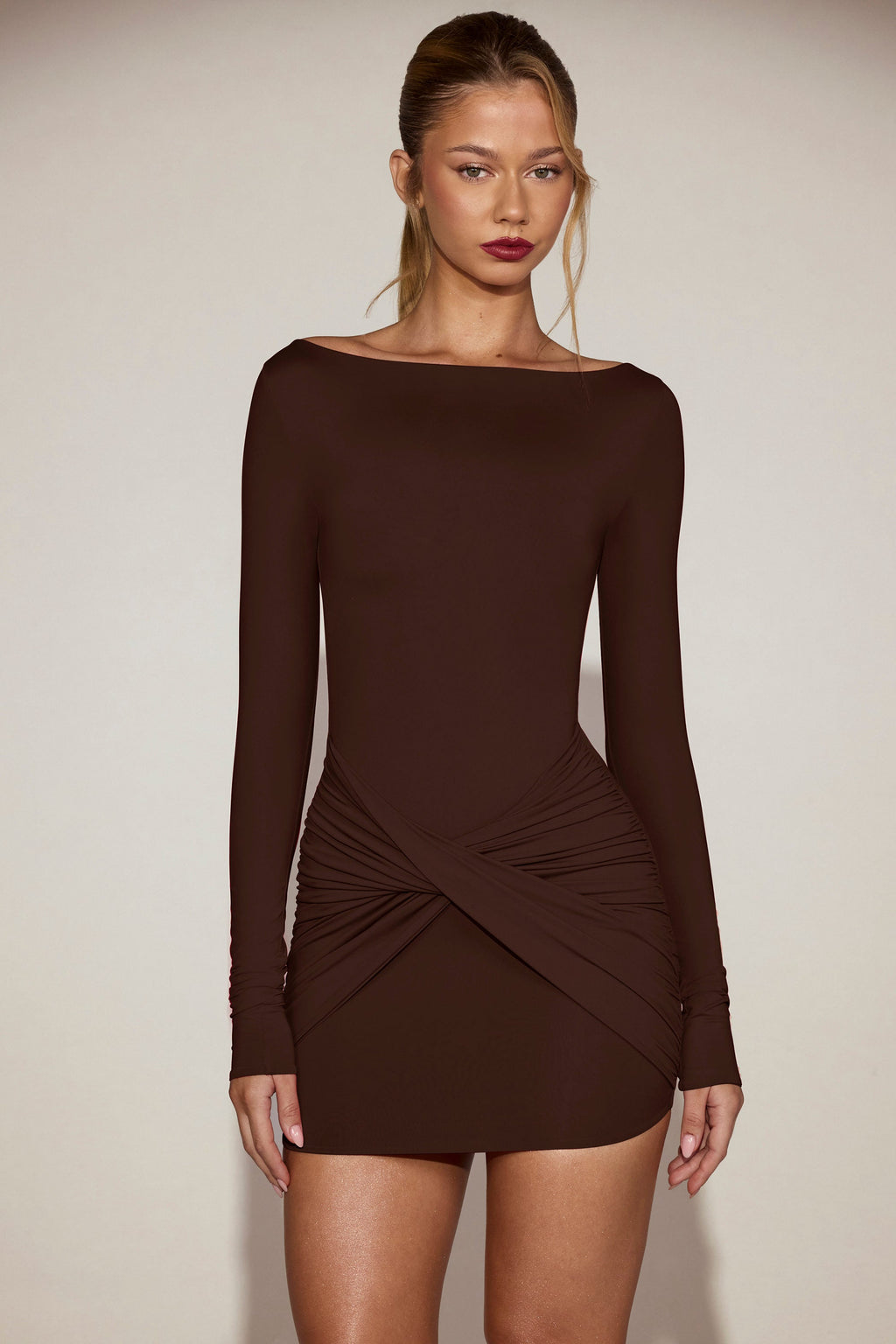Chic Soft-Jersey Boat-Neck Draped Mini Dress in Chocolate Brown