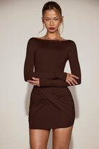 Chic Soft-Jersey Boat-Neck Draped Mini Dress in Chocolate Brown
