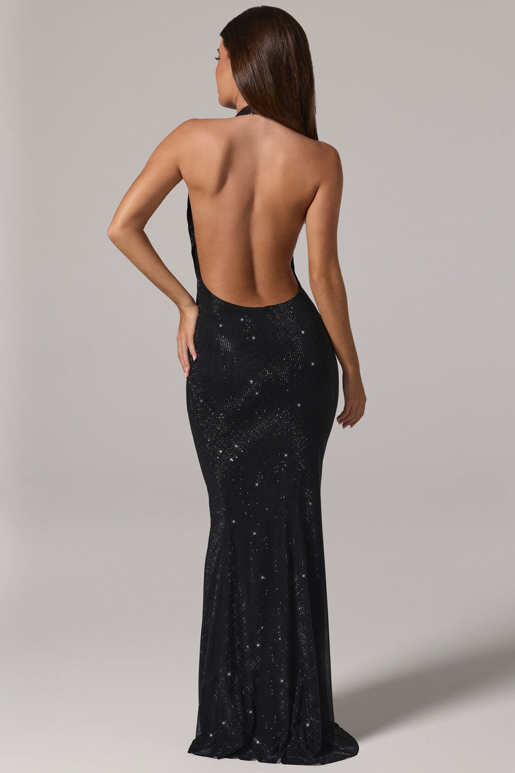 Chic Embellished Cowl-Neck Backless Gown in Black