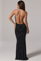 Chic Embellished Cowl-Neck Backless Gown in Black