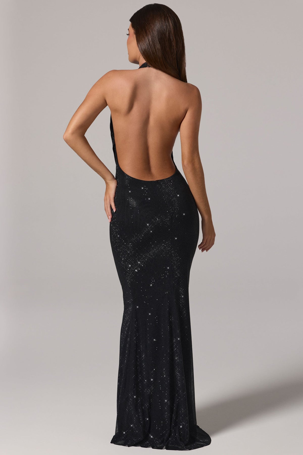 Chic Embellished Cowl-Neck Backless Gown in Black