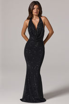 Chic Embellished Cowl-Neck Backless Gown in Black
