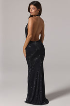 Chic Embellished Cowl-Neck Backless Gown in Black