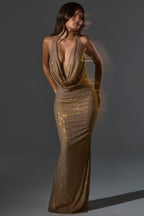 Chic Embellished Cowl-Neck Backless Gown in Gold