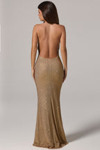 Chic Embellished Cowl-Neck Backless Gown in Gold