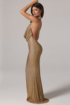 Chic Embellished Cowl-Neck Backless Gown in Gold