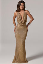 Chic Embellished Cowl-Neck Backless Gown in Gold