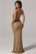 Chic Embellished Cowl-Neck Backless Gown in Gold
