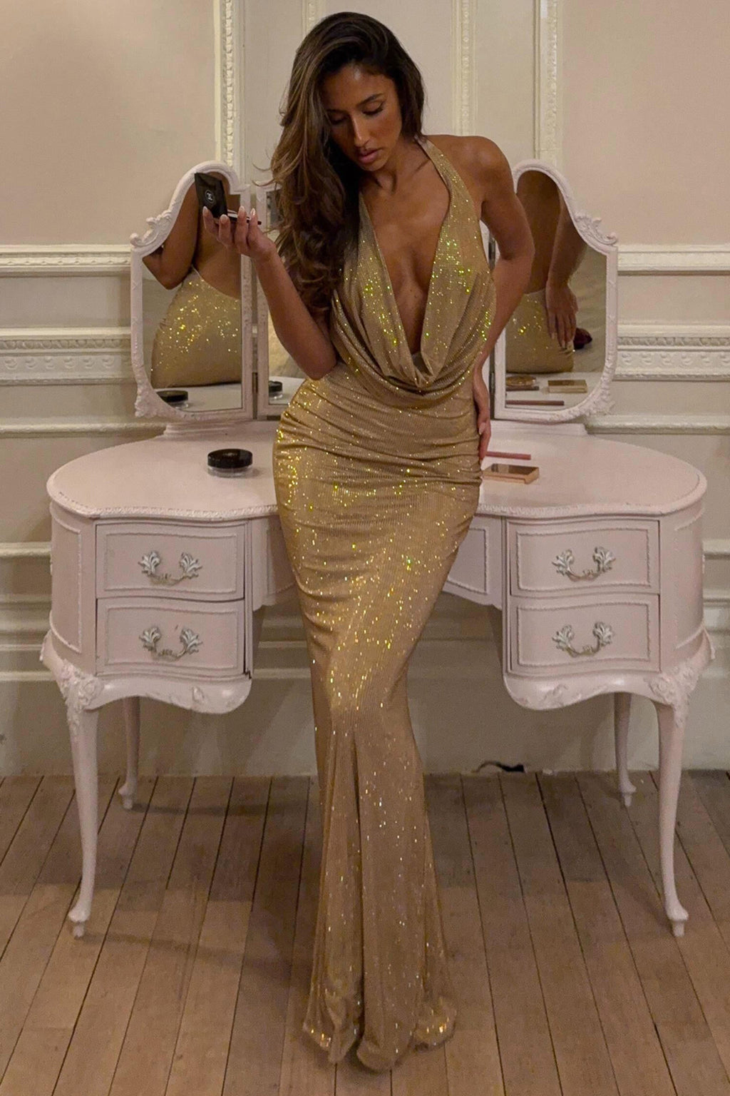 Chic Embellished Cowl-Neck Backless Gown in Gold