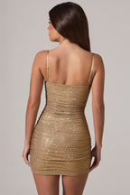 Chic Embellished Peekaboo Ruched Mini Dress in Gold