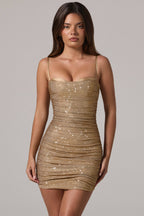 Chic Embellished Peekaboo Ruched Mini Dress in Gold