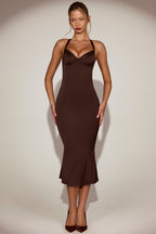 Chic Satin Sweetheart Bustier Fishtail Midaxi Dress in Chocolate Brown