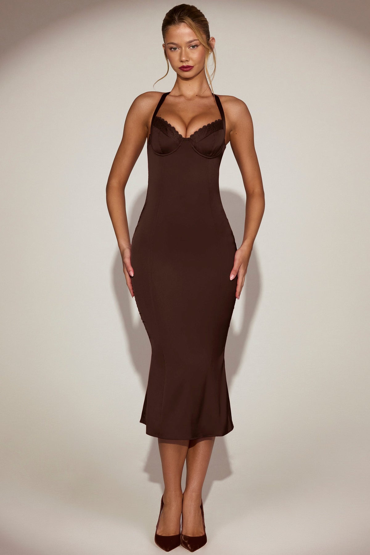 Chic Satin Sweetheart Bustier Fishtail Midaxi Dress in Chocolate Brown