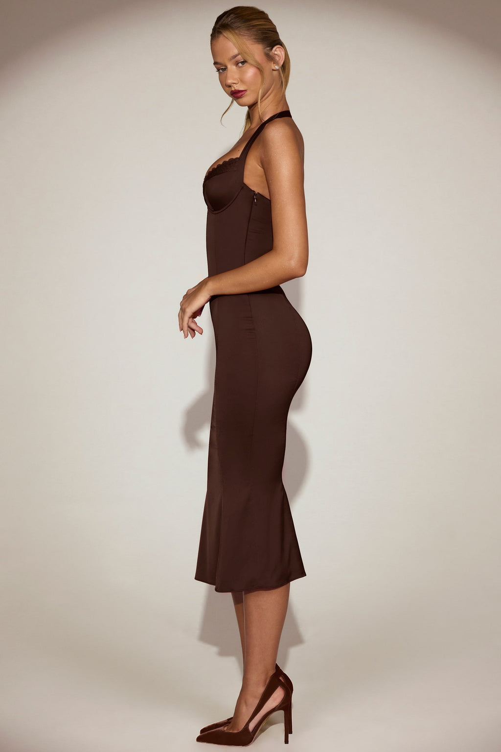 Chic Satin Sweetheart Bustier Fishtail Midaxi Dress in Chocolate Brown