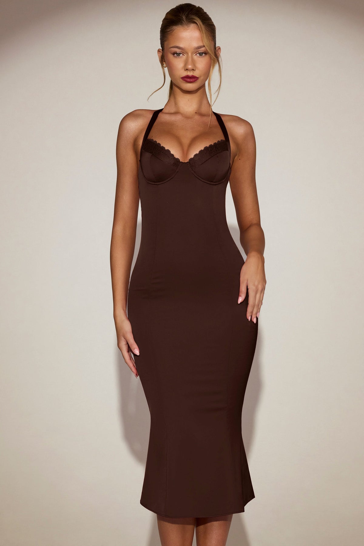 Chic Satin Sweetheart Bustier Fishtail Midaxi Dress in Chocolate Brown