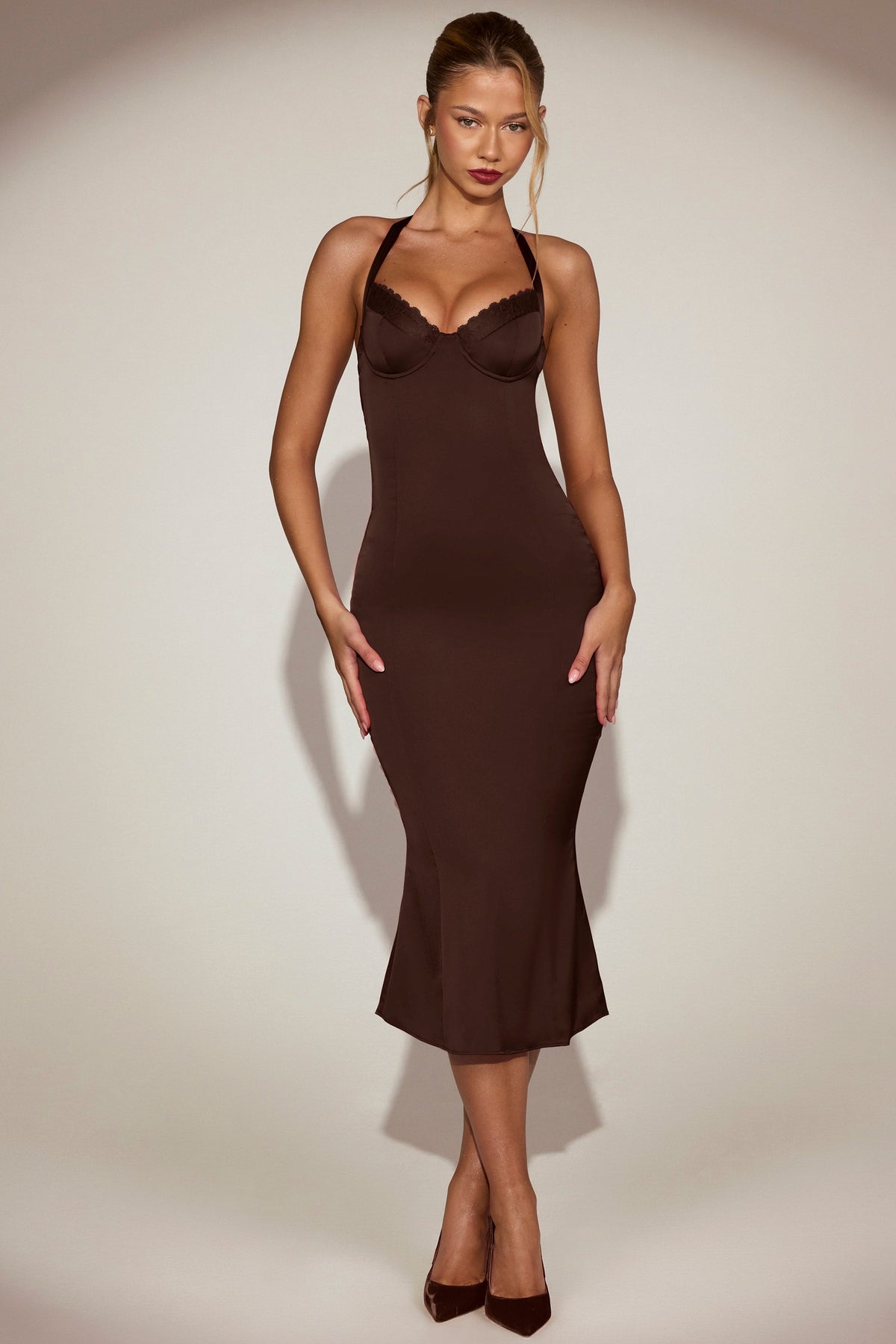 Chic Satin Sweetheart Bustier Fishtail Midaxi Dress in Chocolate Brown