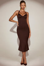 Chic Satin Sweetheart Bustier Fishtail Midaxi Dress in Chocolate Brown