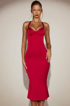 Chic Satin Sweetheart Bustier Fishtail Midaxi Dress in True Red