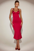 Chic Satin Sweetheart Bustier Fishtail Midaxi Dress in True Red