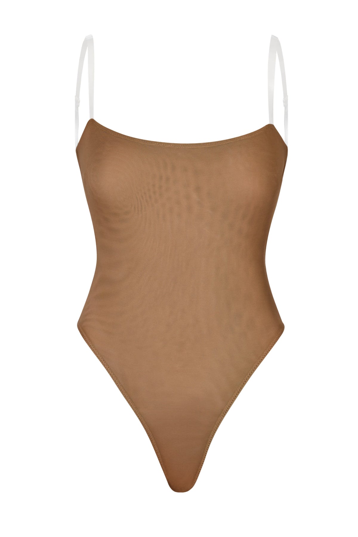 Chic Soft Mesh Invisible Strap Thong Bodysuit in Almond