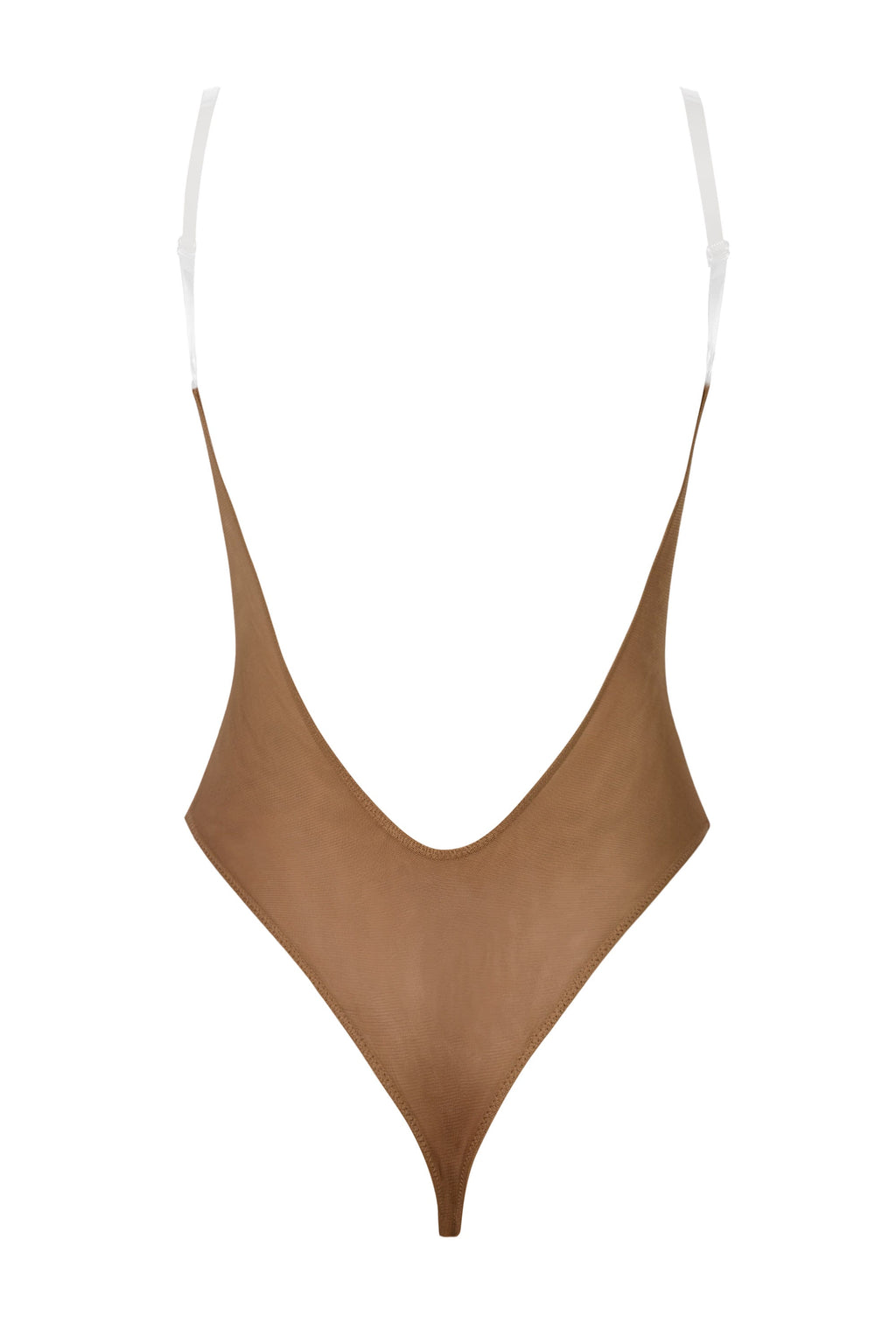 Chic Soft Mesh Invisible Strap Thong Bodysuit in Almond