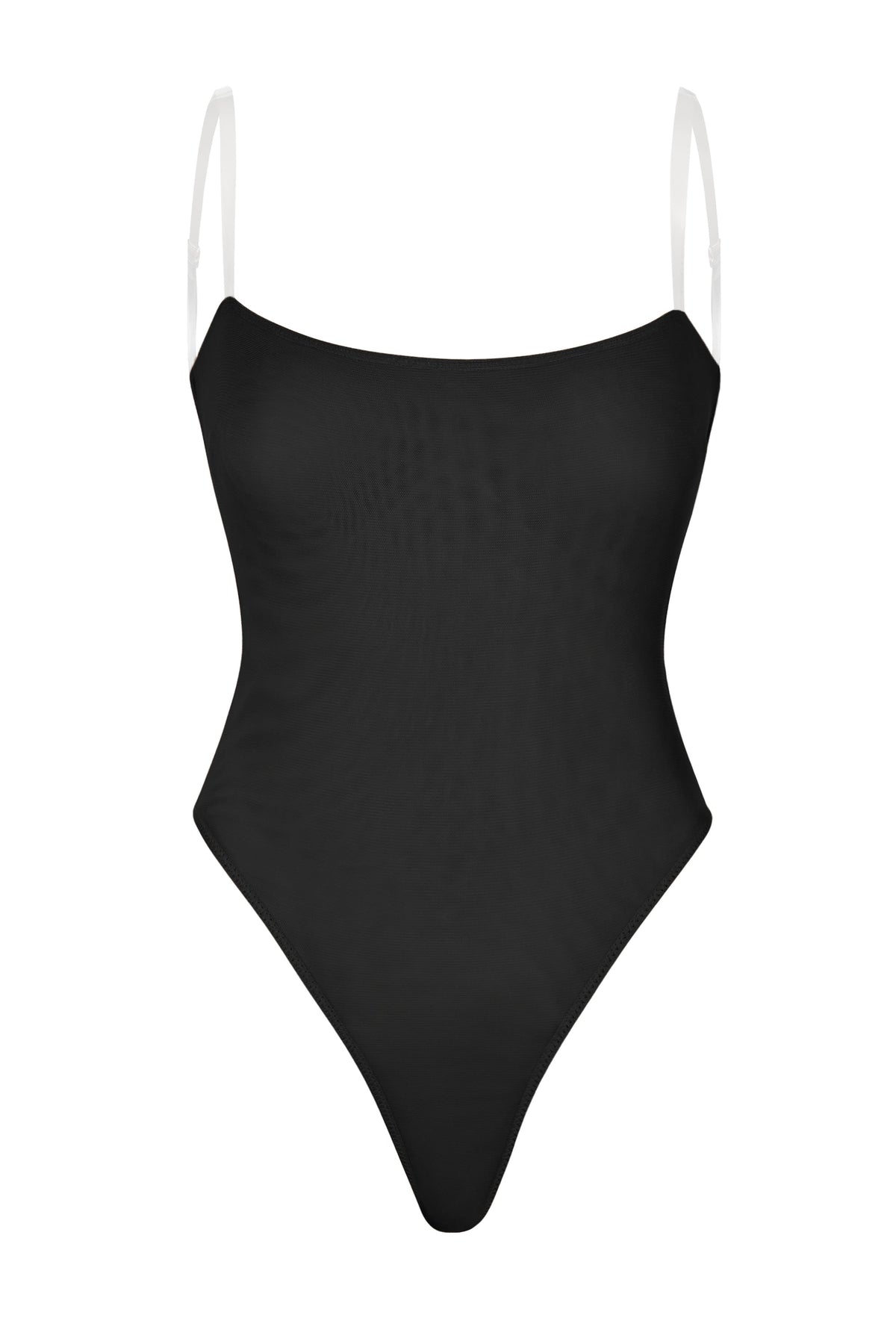 Chic Soft Mesh Invisible Strap Thong Bodysuit in Black