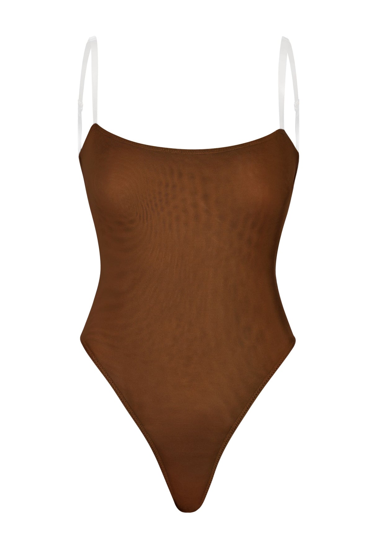 Chic Soft Mesh Invisible Strap Thong Bodysuit in Chestnut