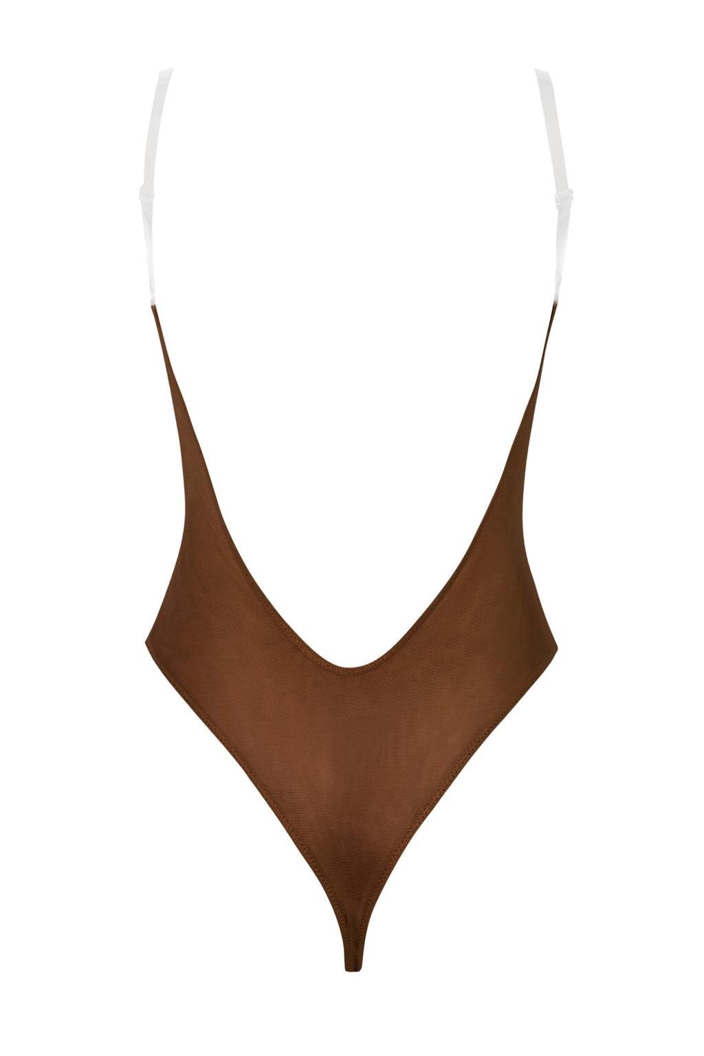 Chic Soft Mesh Invisible Strap Thong Bodysuit in Chestnut