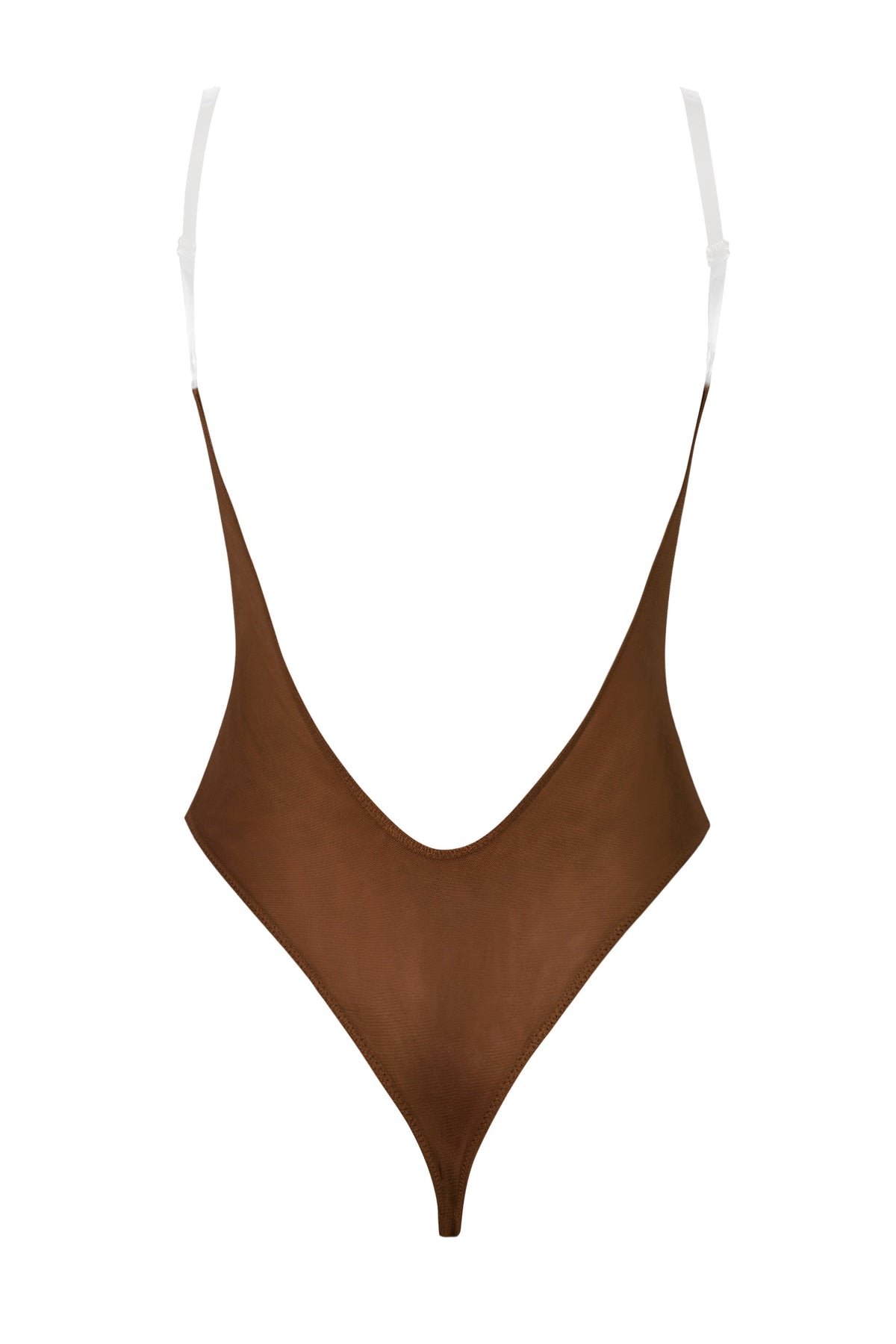Chic Soft Mesh Invisible Strap Thong Bodysuit in Chestnut