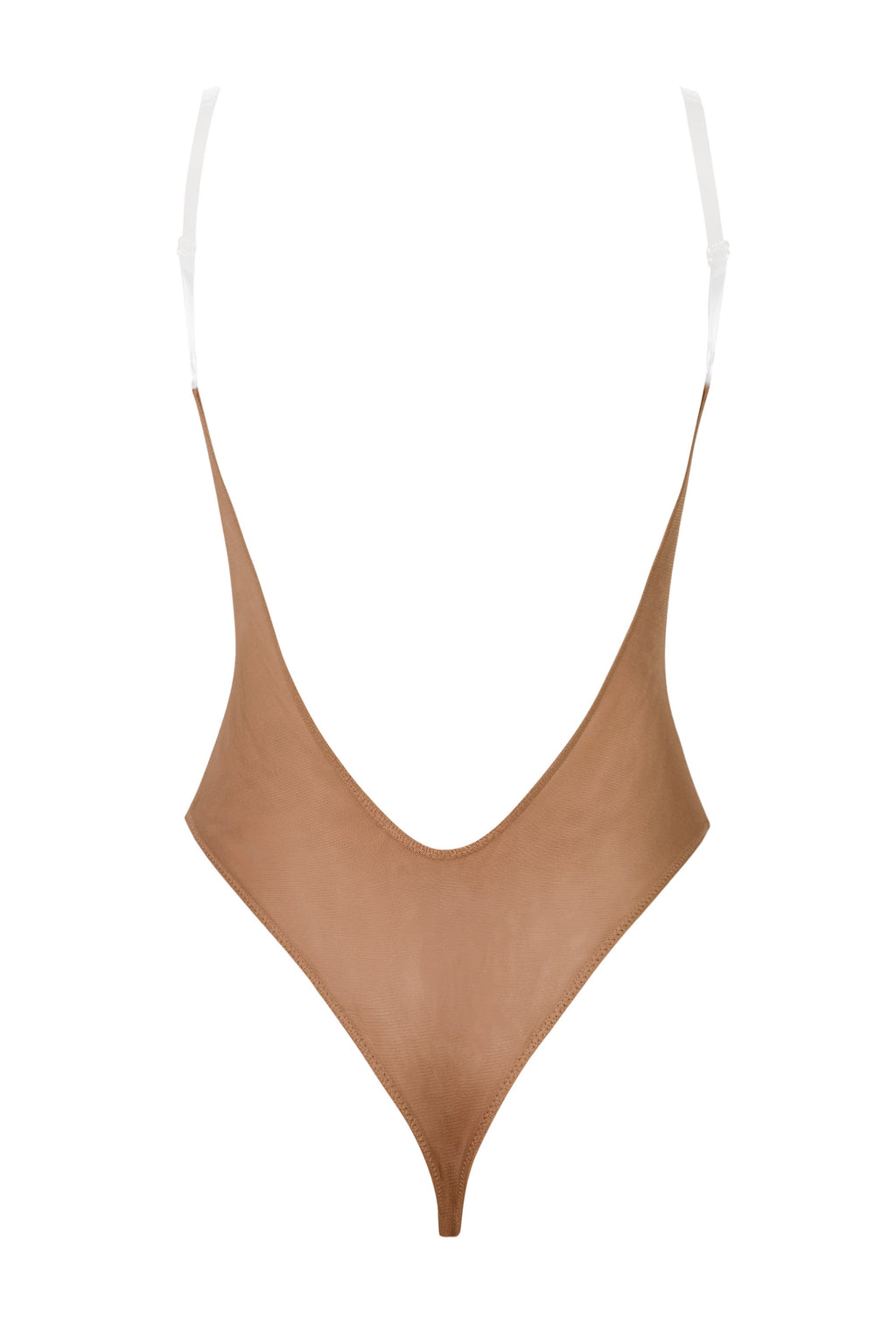 Chic Soft Mesh Invisible Strap Thong Bodysuit in Honey