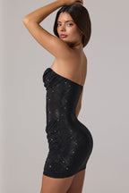 Chic Embellished Bandeau Cowl-Waist Mini Dress in Black