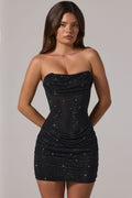 Chic Embellished Bandeau Cowl-Waist Mini Dress in Black