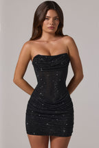 Chic Embellished Bandeau Cowl-Waist Mini Dress in Black