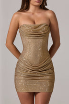 Chic Embellished Bandeau Cowl-Waist Mini Dress in Gold