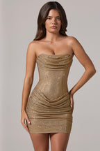 Chic Embellished Bandeau Cowl-Waist Mini Dress in Gold