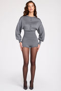 Chic Fine-Knit Long-Sleeve Romper in Grey
