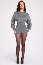 Chic Fine-Knit Long-Sleeve Romper in Grey