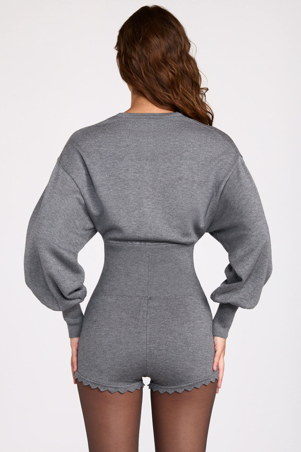 Chic Fine-Knit Long-Sleeve Romper in Grey
