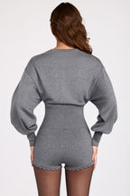 Chic Fine-Knit Long-Sleeve Romper in Grey