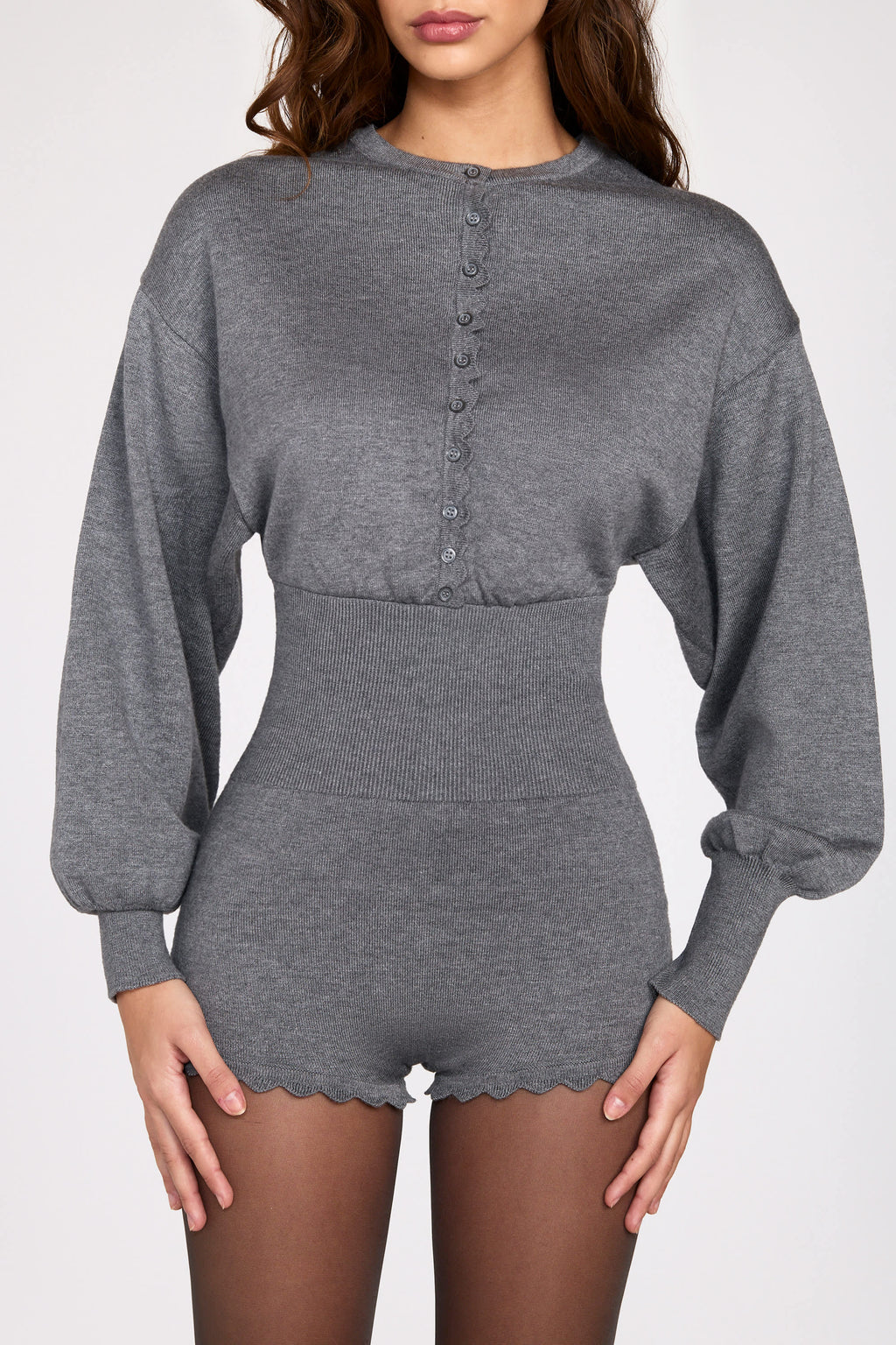 Chic Fine-Knit Long-Sleeve Romper in Grey